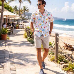 Rare Vintage Fresh Produce Flamingo Print Shirt, Made in USA, Size M